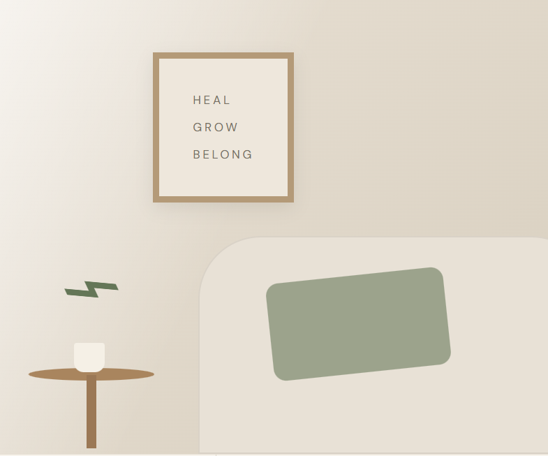 Calm therapy room illustration with the words Heal, Grow, Belong